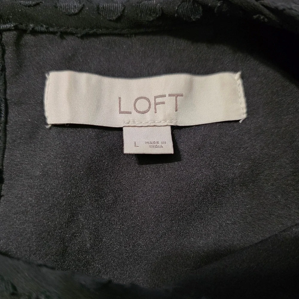LOFT Blouse Womens L Black Swiss Dot Floral Eyelet Puff Sleeve Keyhole Back Work